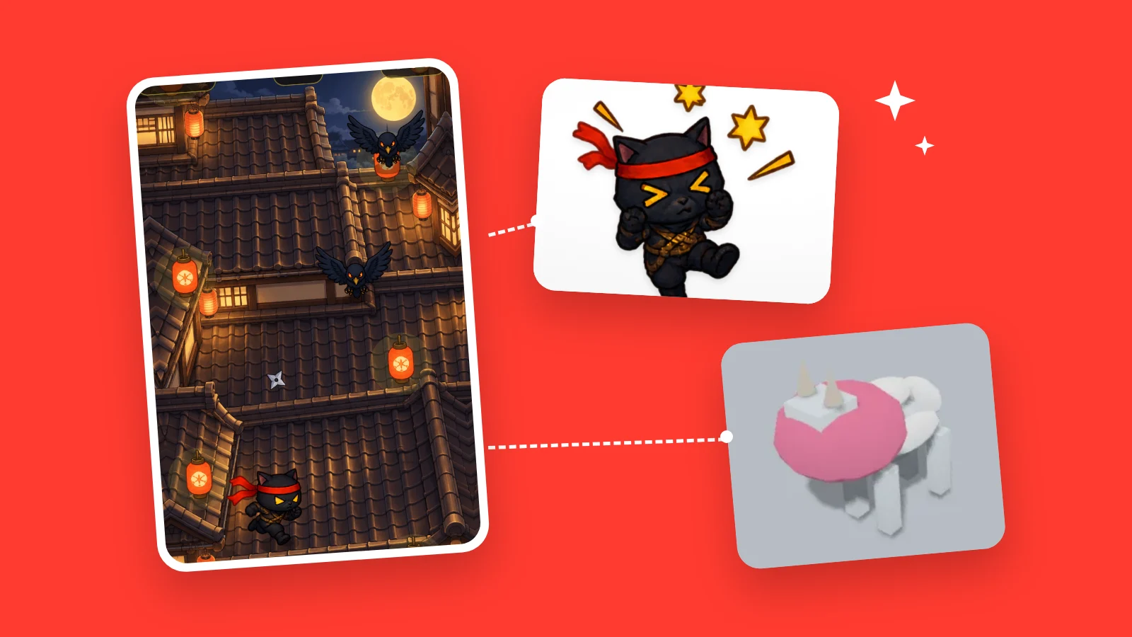 ゲーム画面から、忍者ねこと3Dのヤギを部品として取り出したイラスト