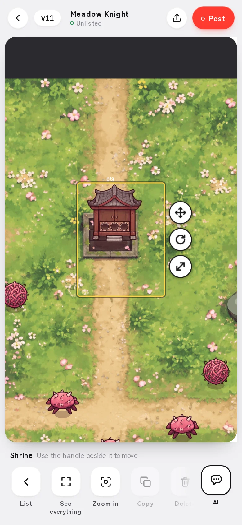 Un santuario elegido en un juego 2D, con los botones de mover, girar y tamaño al lado