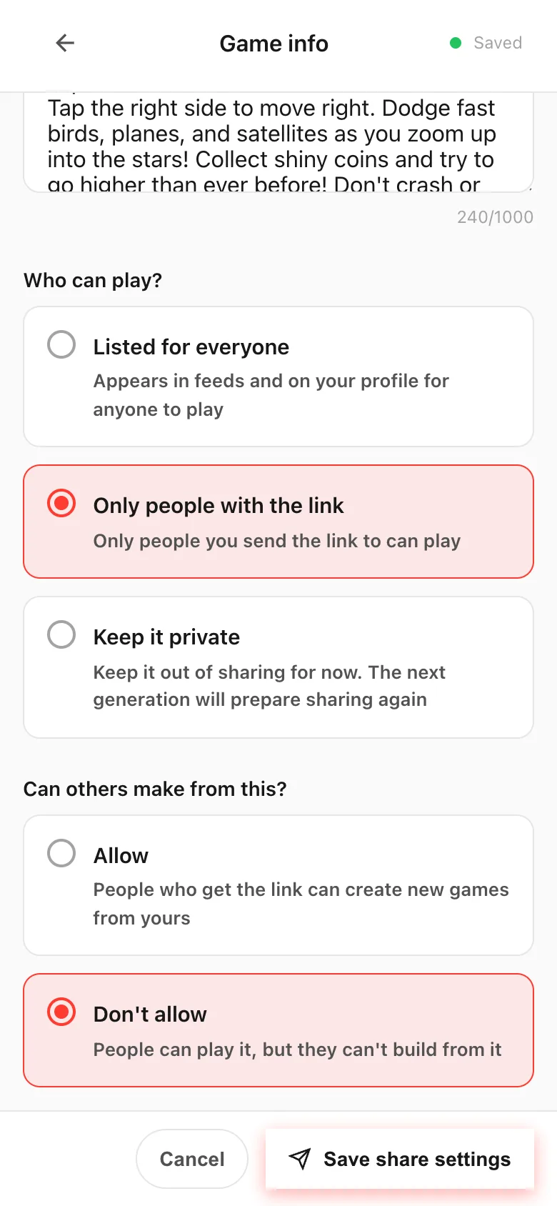 The Game info sharing settings with the visibility and remix options